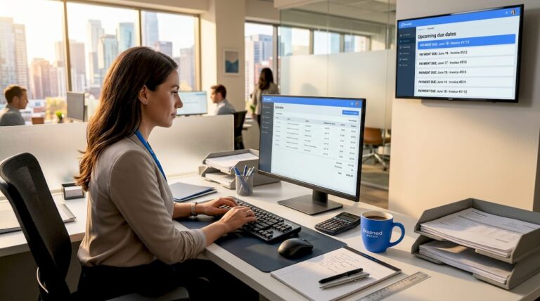 Billing administrator reviewing invoices at desk