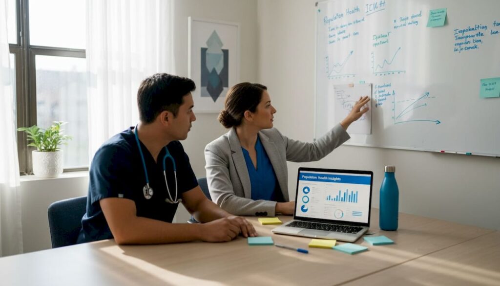 Healthcare team reviews AI population health data
