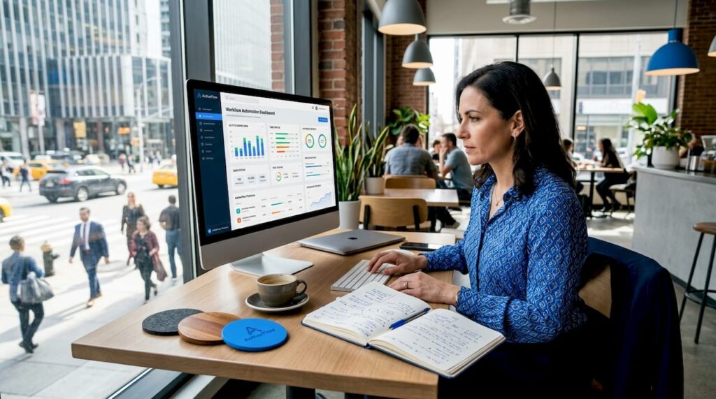 Manager reviewing automation dashboard at office desk