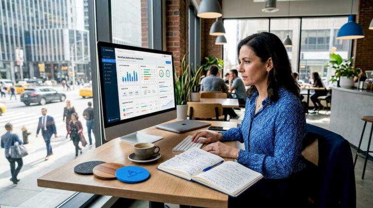 Manager reviewing automation dashboard at office desk