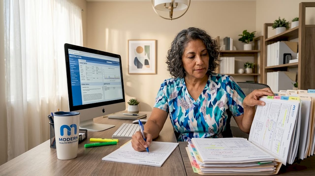 Healthcare administrator updating clinical notes on computer