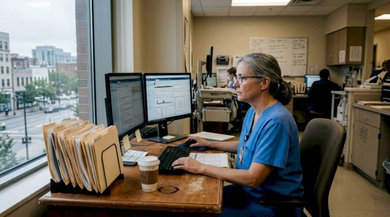 Clinician navigating complex EHR workstation