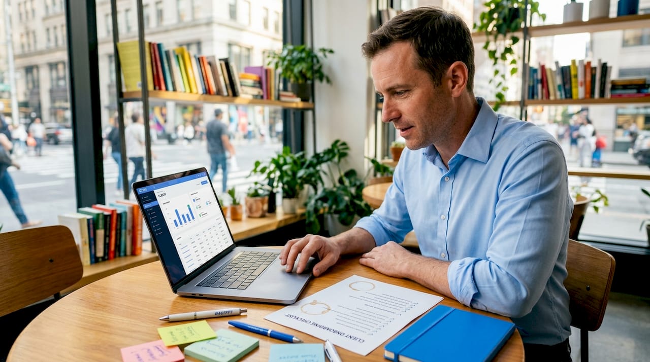 Manager reviewing CRM onboarding workflow