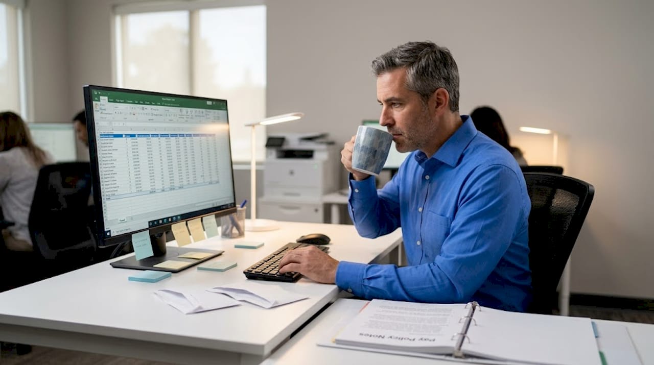 Payroll specialist checking digital payroll documents