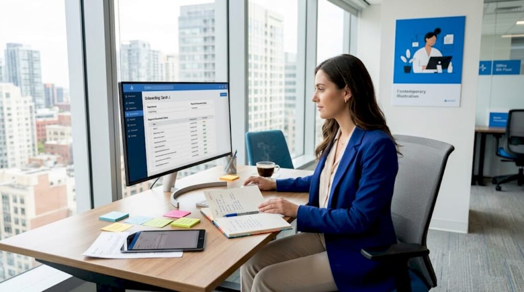 HR manager onboarding with AI tools in corner office
