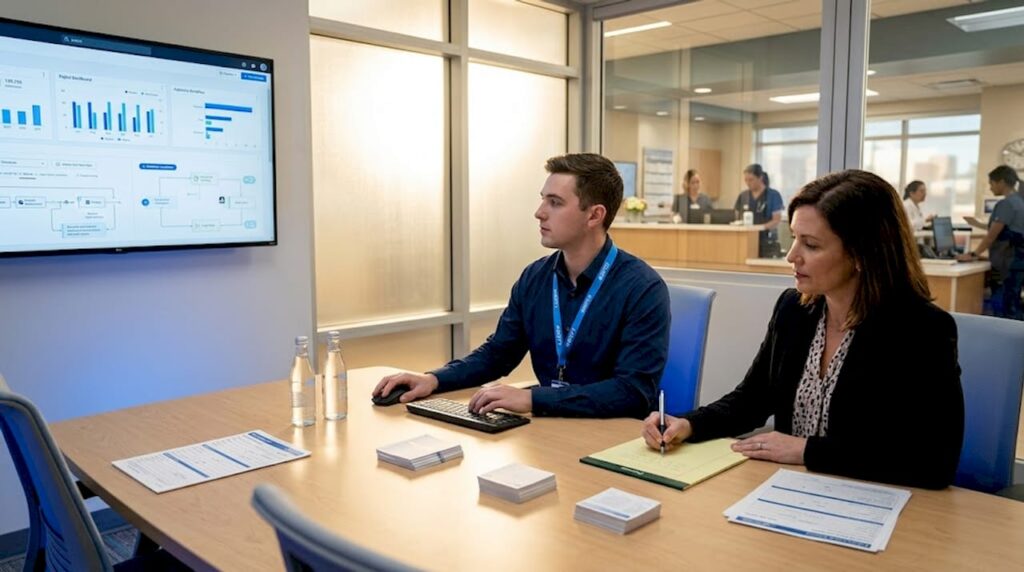 Hospital staff reviewing healthcare AI workflow