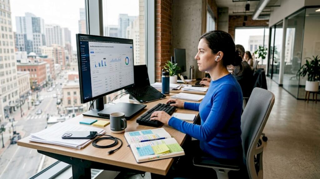 Office worker using automation dashboard workspace