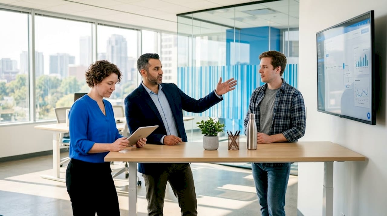 Coworkers discussing automation workflows in office