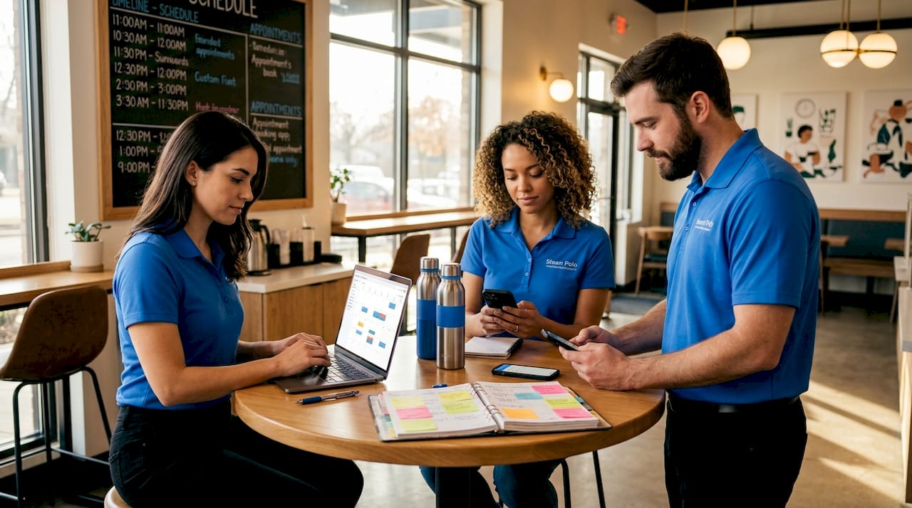 Staff updating digital schedule in office breakroom