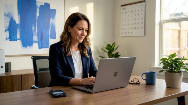 Business owner reviewing online schedule at desk
