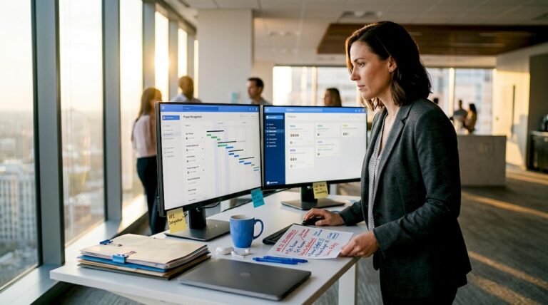 Manager automating workflows at modern office desk