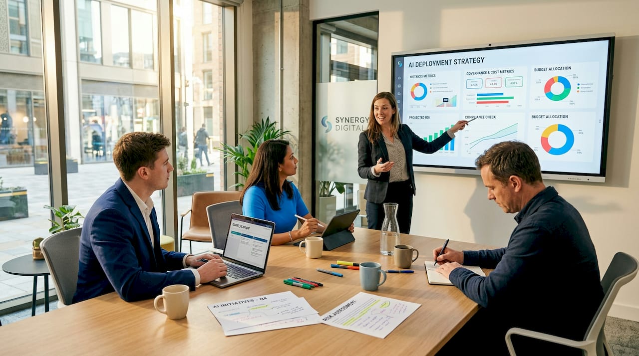 Service business team discussing AI deployment strategy