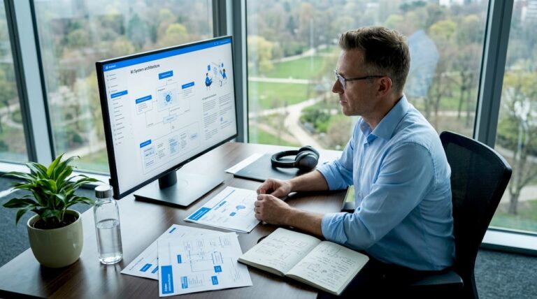 AI architect reviewing system architecture diagrams in office