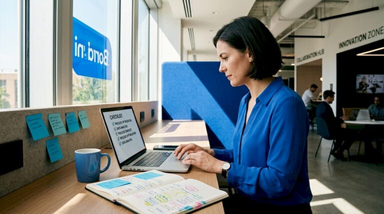 Manager reviewing automation checklist at desk