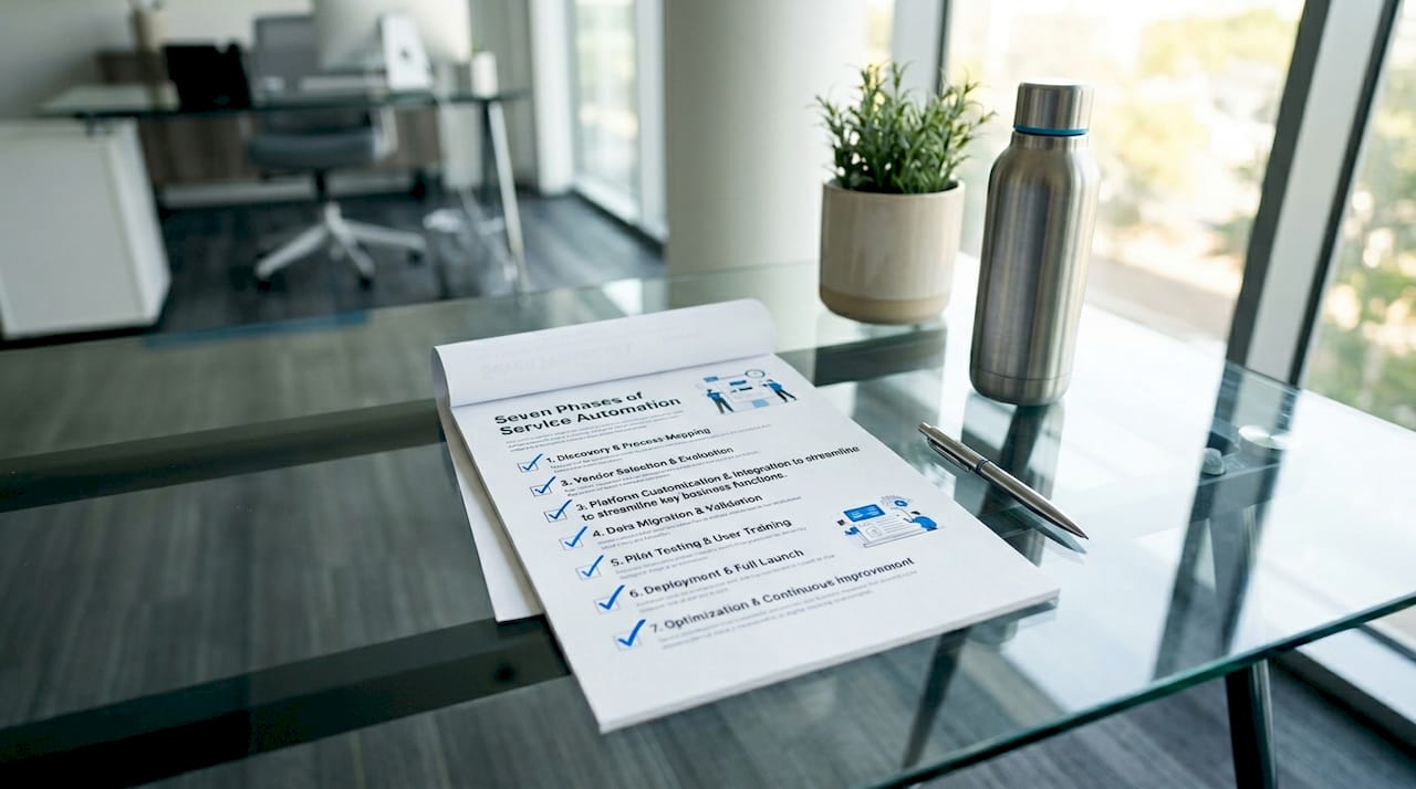 Printed service automation phased checklist on desk