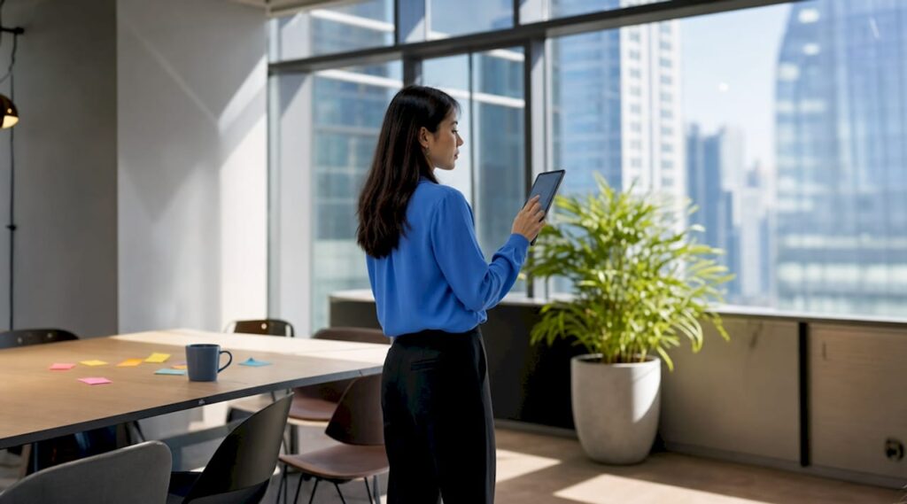 Finance professional using automation tools at desk