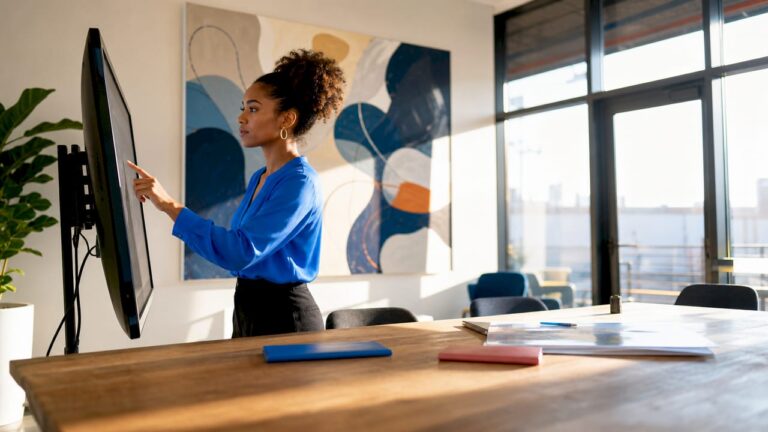 Woman configuring AI in CRM service office