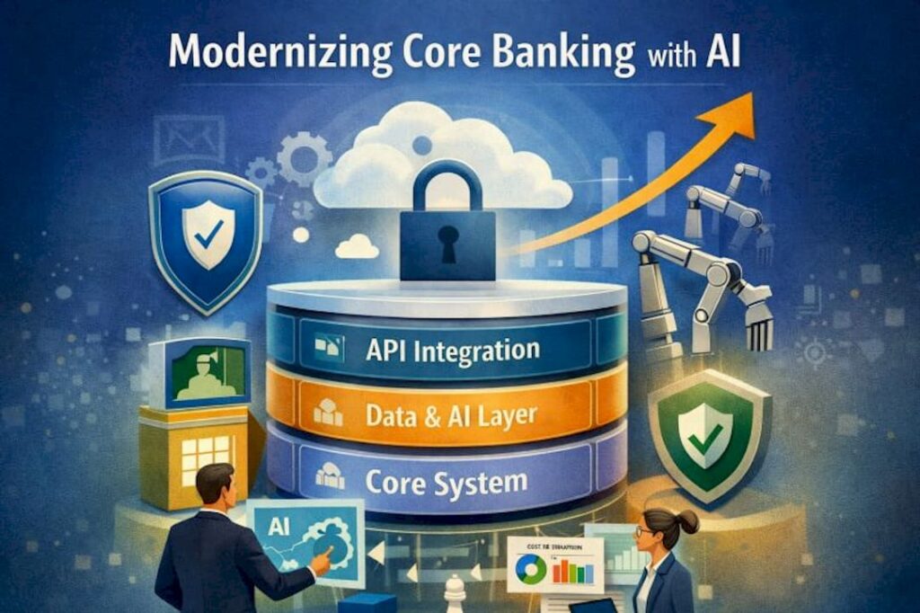 Engineer coding AI middleware in banking office