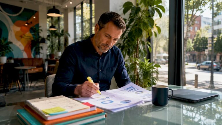 Analyst reviewing data reports in office