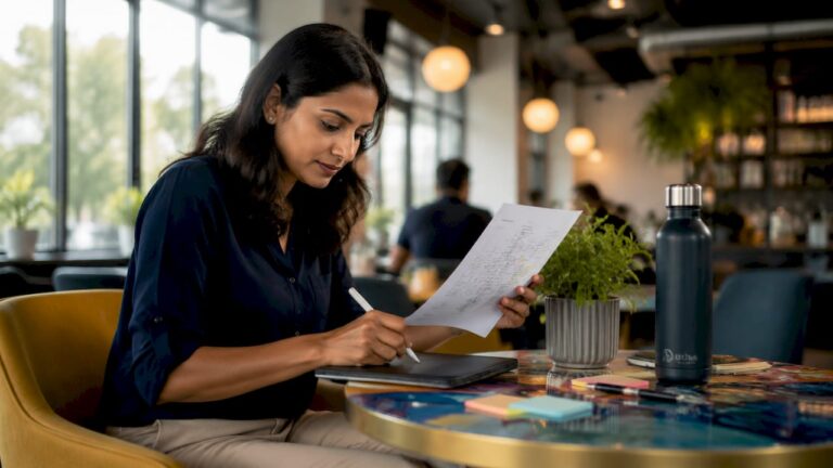 Woman reviewing task automation checklist at desk
