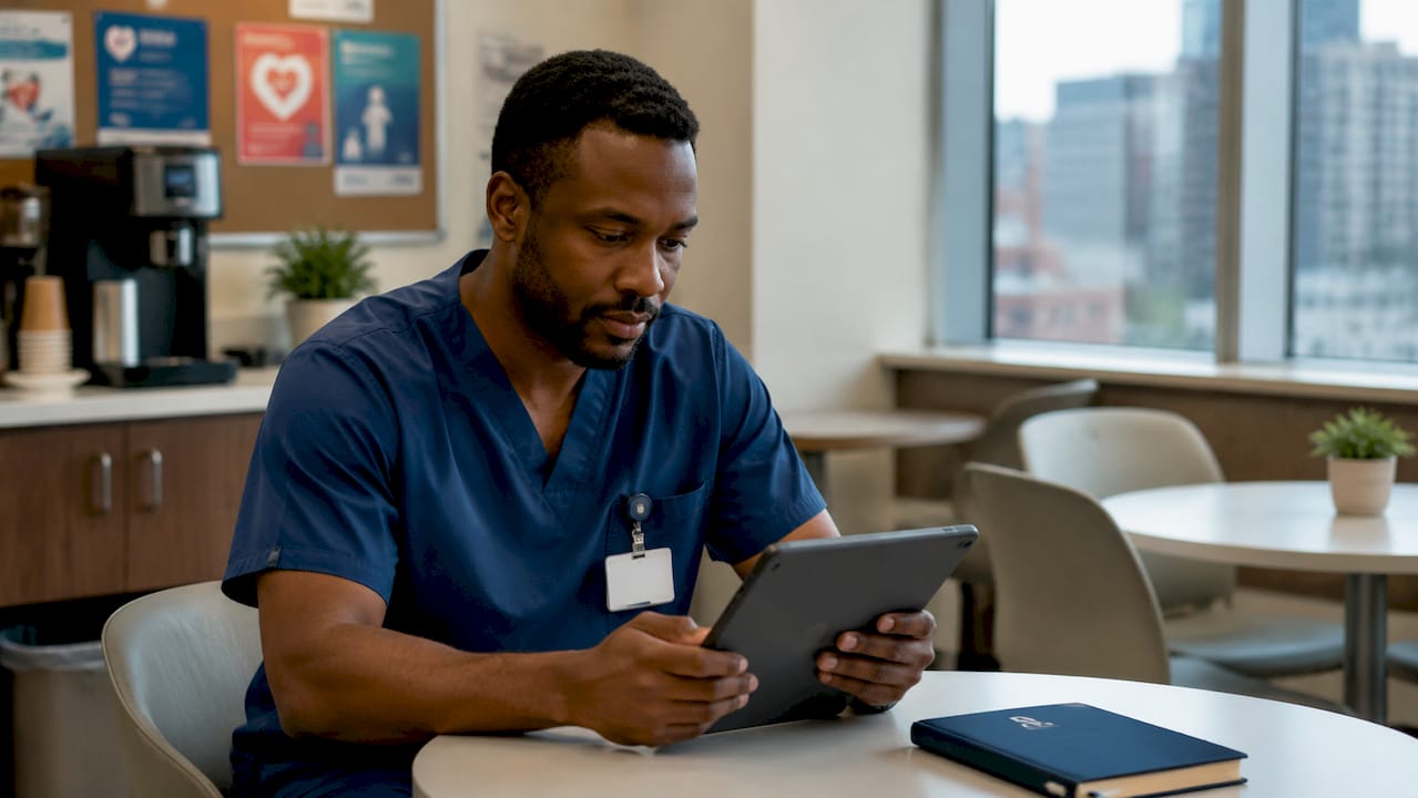 Nurse hands holding tablet at station