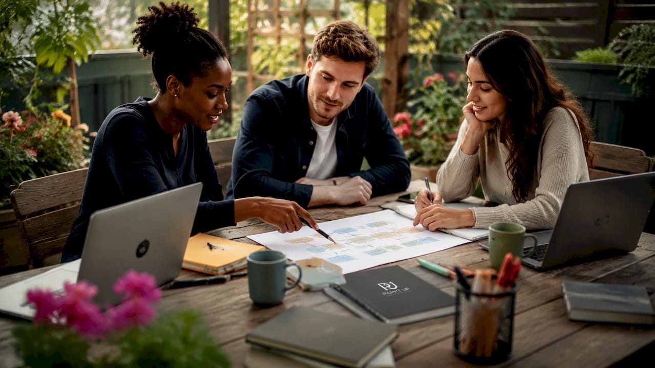 Diverse team collaborating on AI proposal workflow