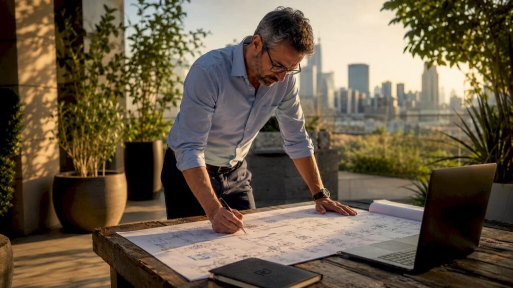 IT architect reviewing workflow integration diagram