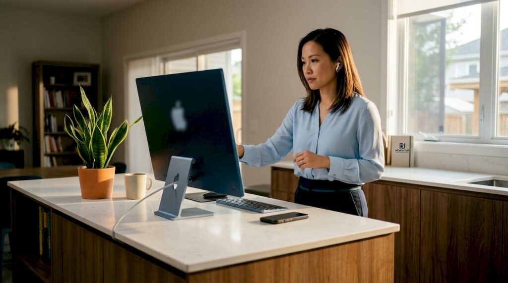 Professional woman using lead generation software at desk